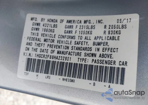 2017 Honda Accord Ex-L from USA, damaged, VIN 1HGCR2F88HA232901